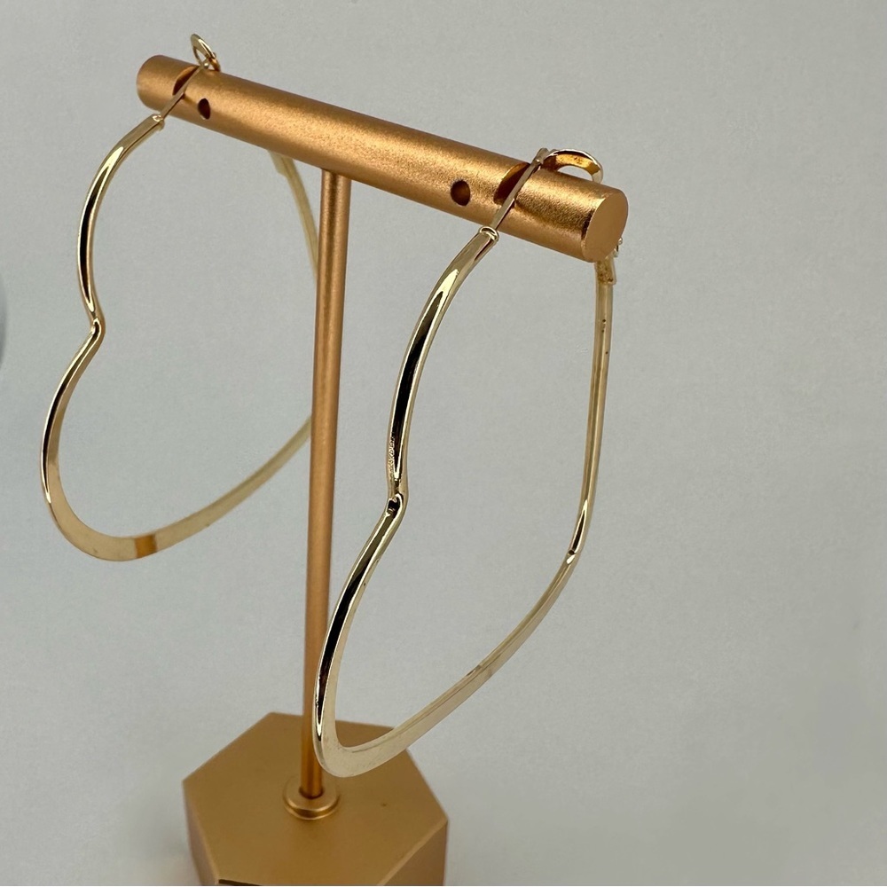Gold Heart Hoop Drop Earrings Minimalist 2.25 Inch - Picture 7 of 13